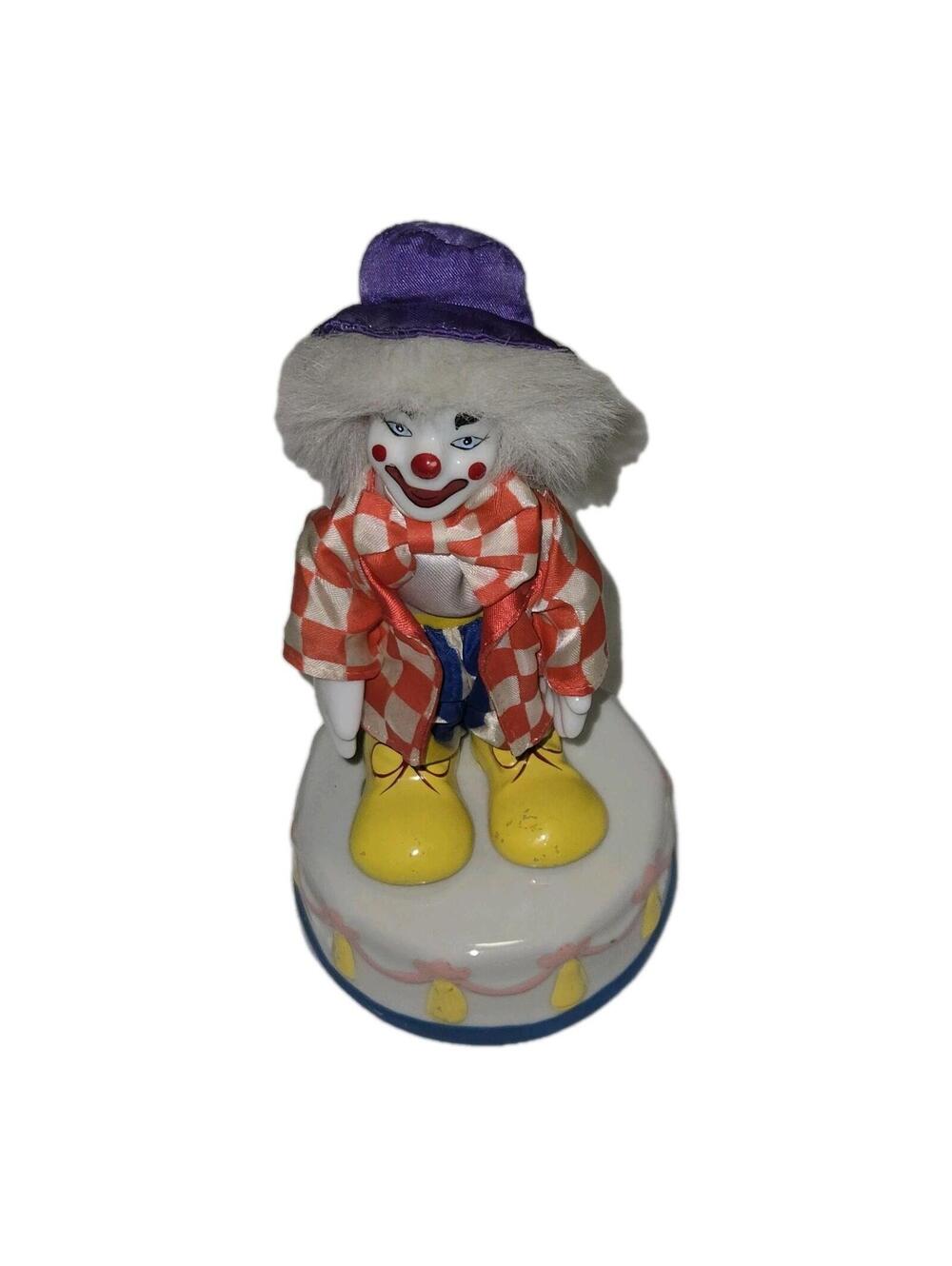 Vintage Porcelain Clown Music Box - Red Check Coat Working